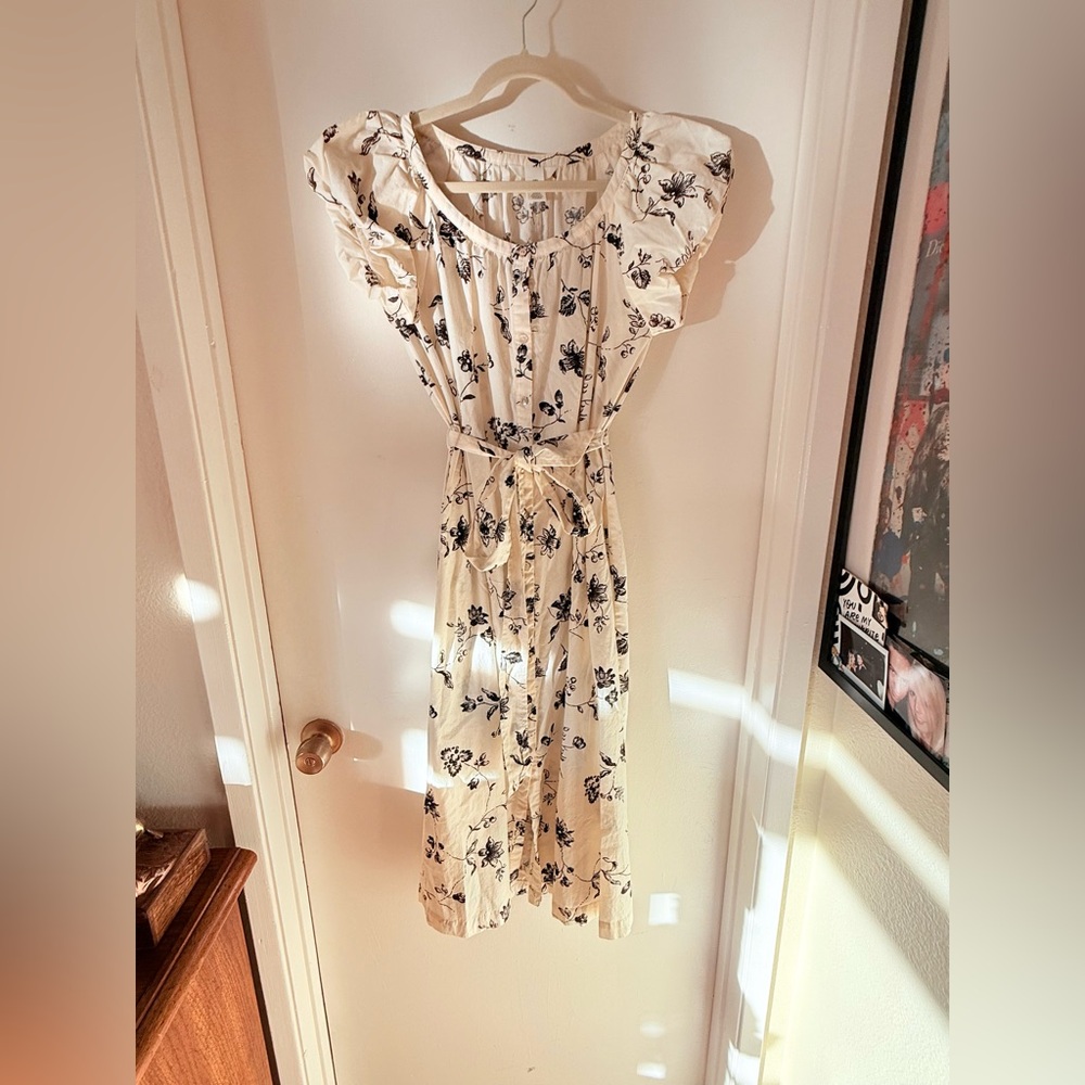 Kentucky Derby Dainty Floral Print Black + Cream Dress with Ruffled Sleeves - Picture 4 of 10